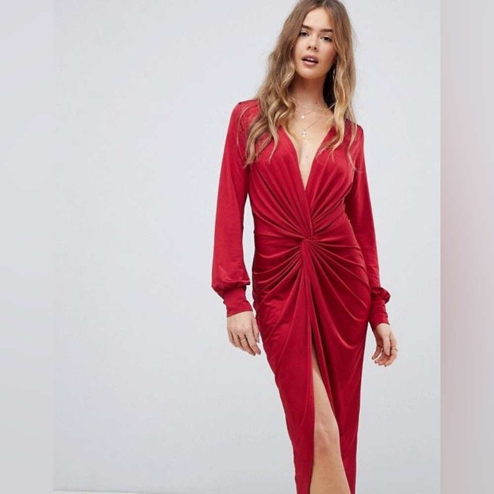 Slinky Red Twist Front Long Sleeve Red Midi Dress
